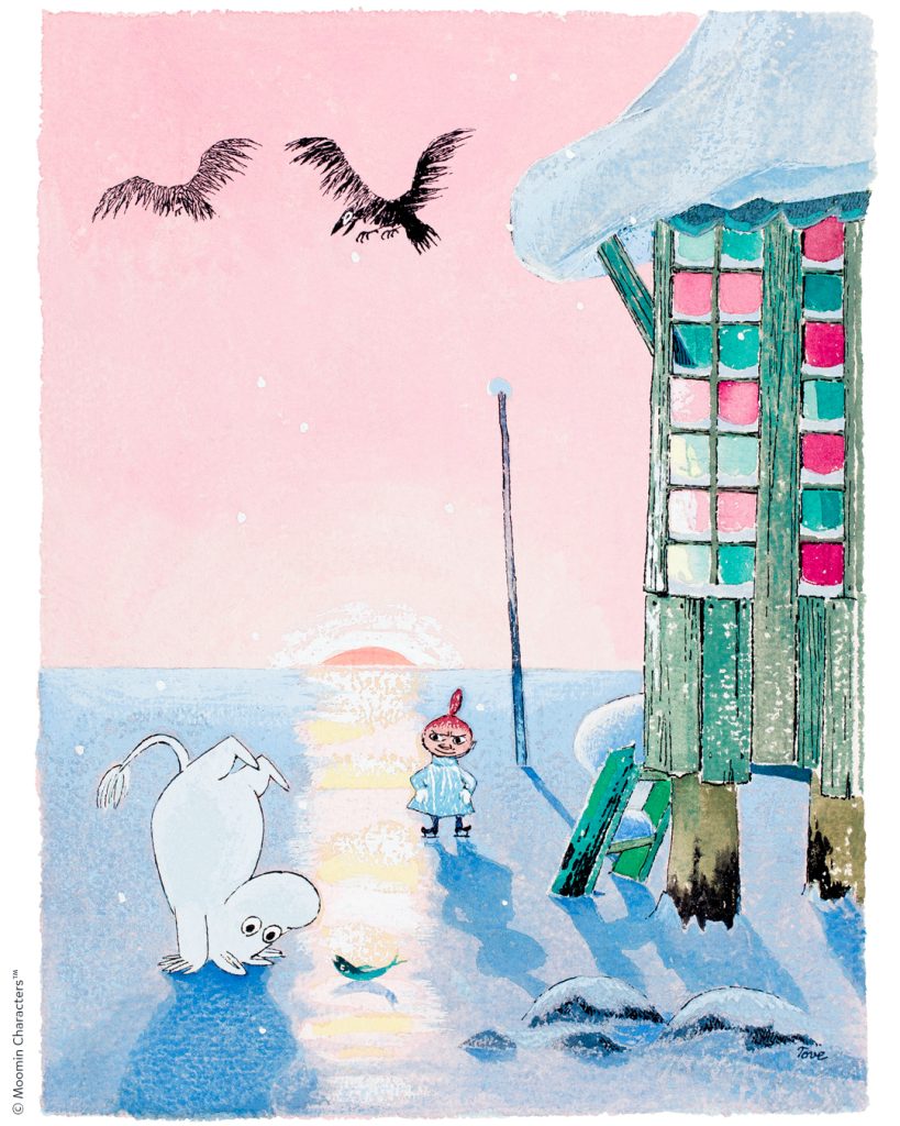 Trollvinter i färg, Mumintrollet och Lilla My på isen bredvid badhuset på vintern 
